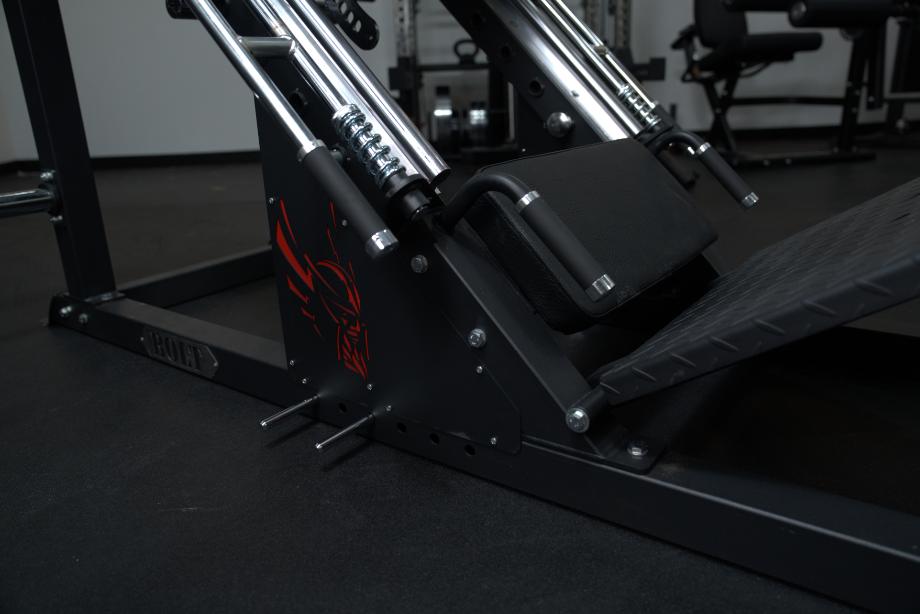 A close look at the logo on the base of a Bolt Fitness Hack Squat Leg Press machine.