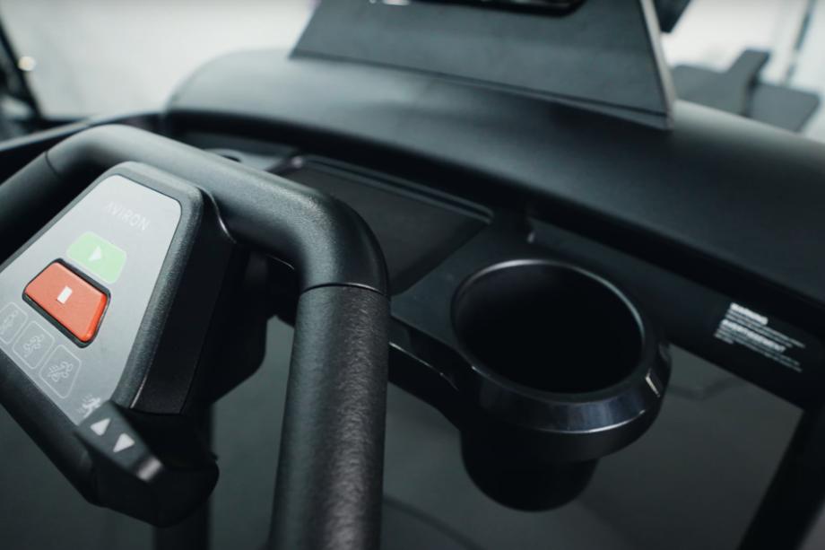A close look at the cupholder on an Aviron Victory Treadmill