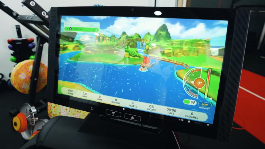 A good look at the gamified workout display on an Aviron Victory Treadmill.