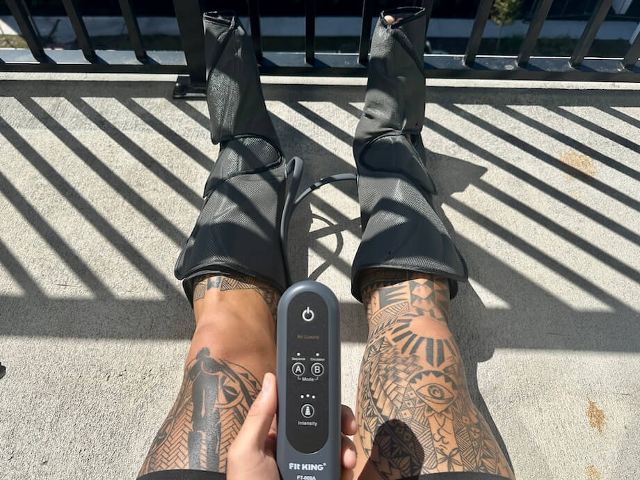 Looking down at your legs in a Fit King Leg Massager.