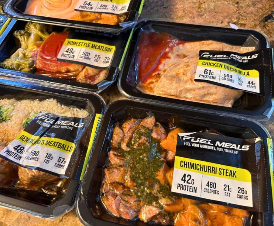 A collection of prepared meals from Fuel Meals
