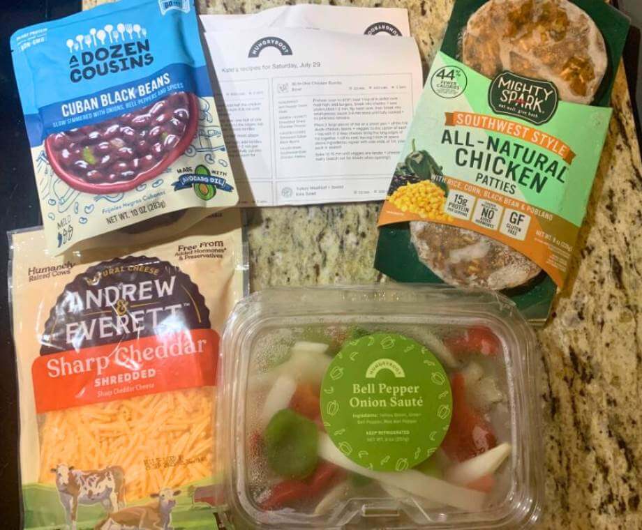 A recipe card and ingredients from a Hungryroot meal