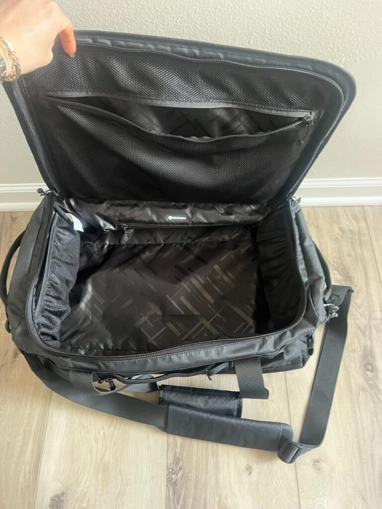 Looking into an opened lululemon 2-in-1 Travel Duffle Backpack