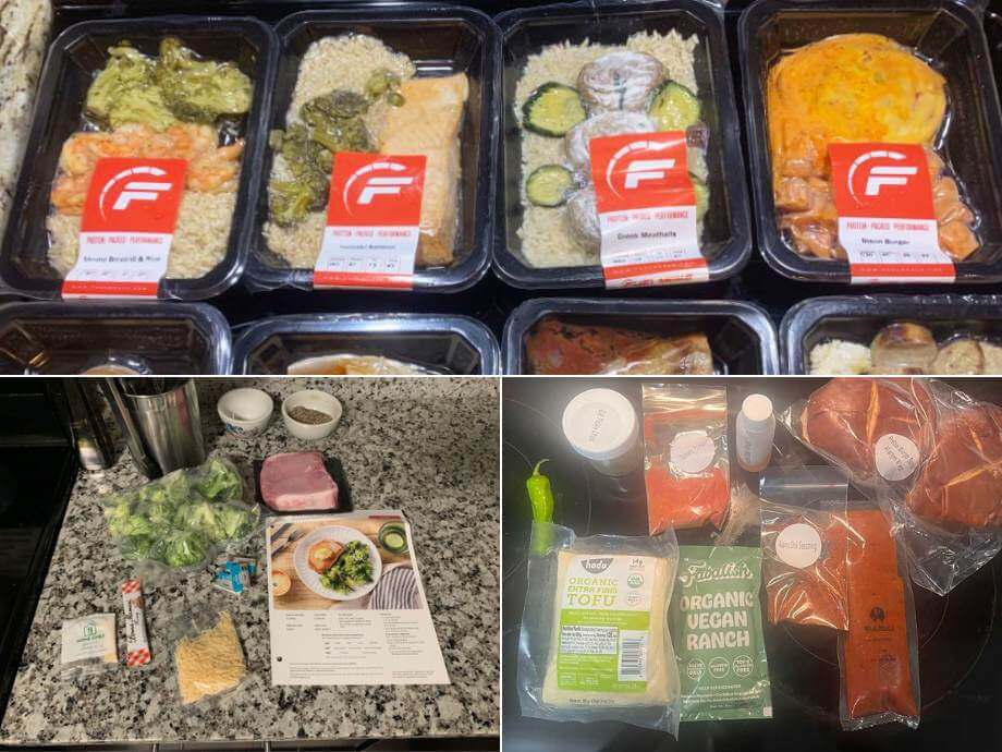 Collage of Fuel Meals, Purple Carrot, and Home Chef Meals