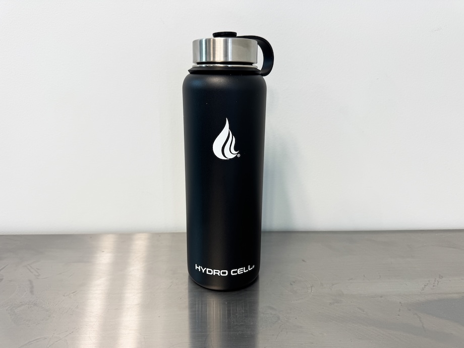 Hydro Cell 40 ounce wide water bottle on a stainless steel countertop