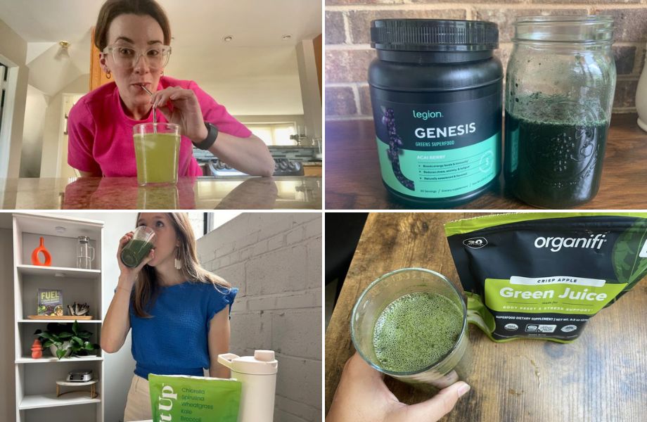 A collage of people drinking greens powders from Legion, Live It Up, and Organifi