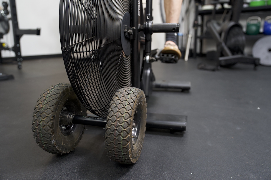 Close up shot of the wheels on the Fringe Sport Raptor Air Bike