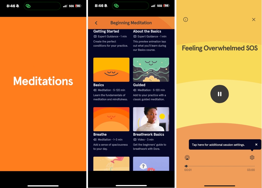 Screenshots from the Headspace app.