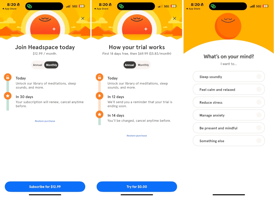 Headspace pricing and trial period screenshots