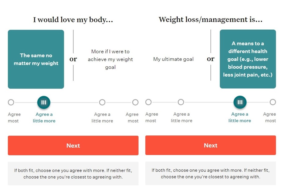 Quiz screenshots from the Noom app.