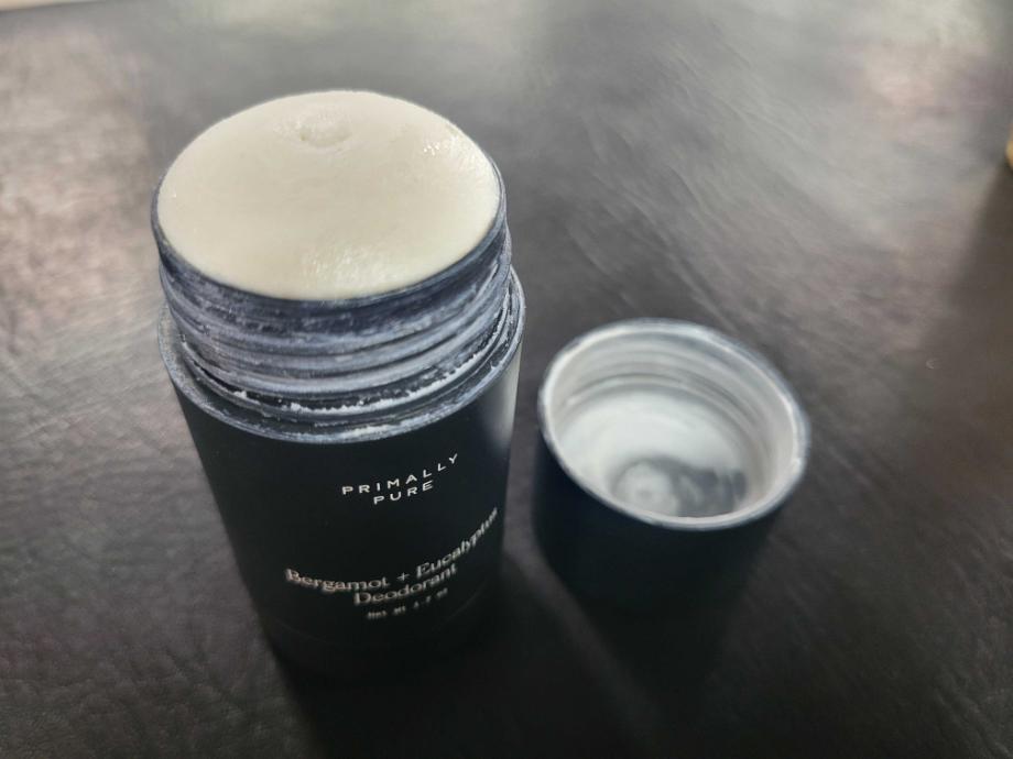 A close look at an opened stick of Primally Pure Natural Deodorant.