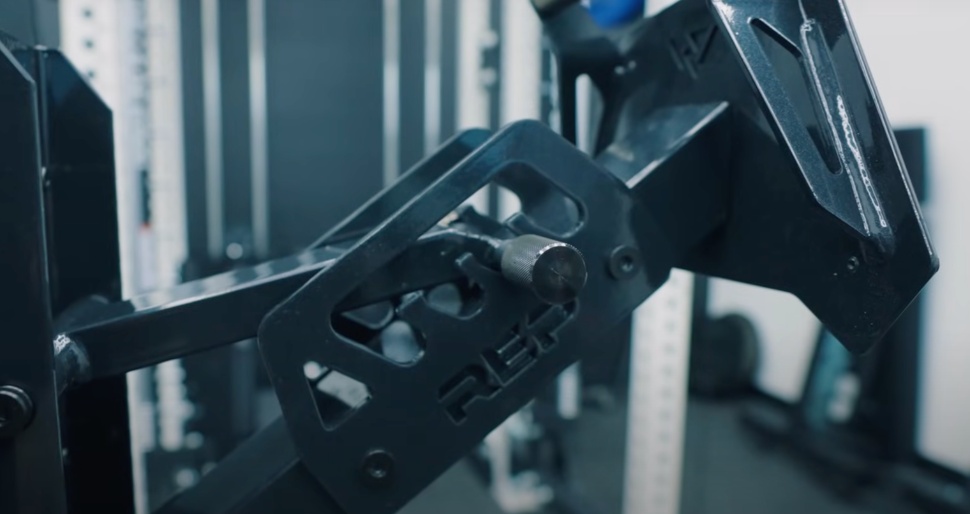 A close look at the seat angle adjustment bracket on a REP Nighthawk bench.