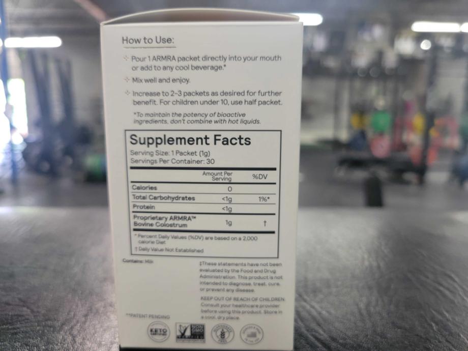 A look at the supplement facts on the box of ARMRA travel sticks