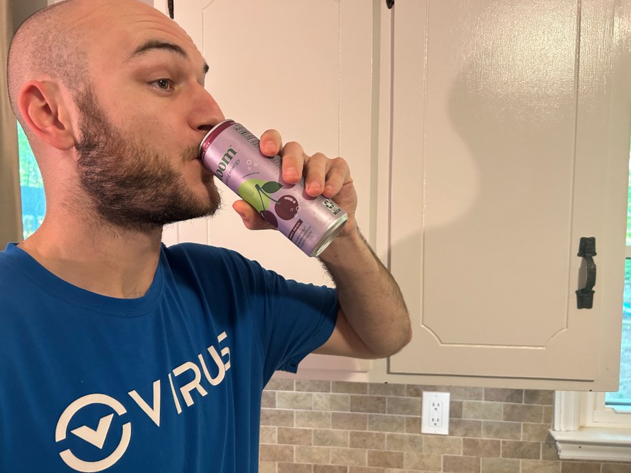 Our tester driking a can of Bloom Energy
