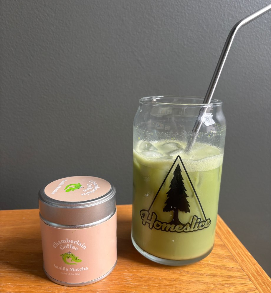 An iced glass of Chamberlain Vanilla Matcha