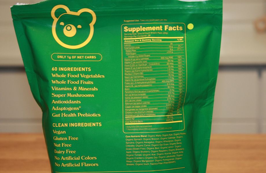 The supplement facts label on a bag of Grüns