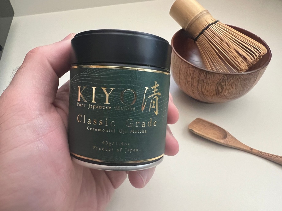 Our tester holding a tin of Kiyo Ceremonial Matcha