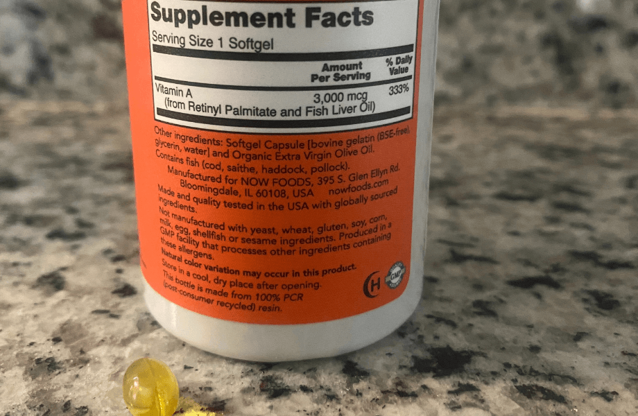The supplement facts featured on a single bottle of NOW Foods Vitamin A 10,000 IU Softgels