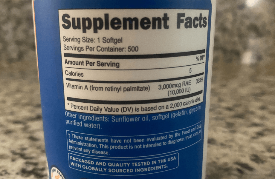 Nutricost Vitamin A 10,000 IU Softgels supplement facts