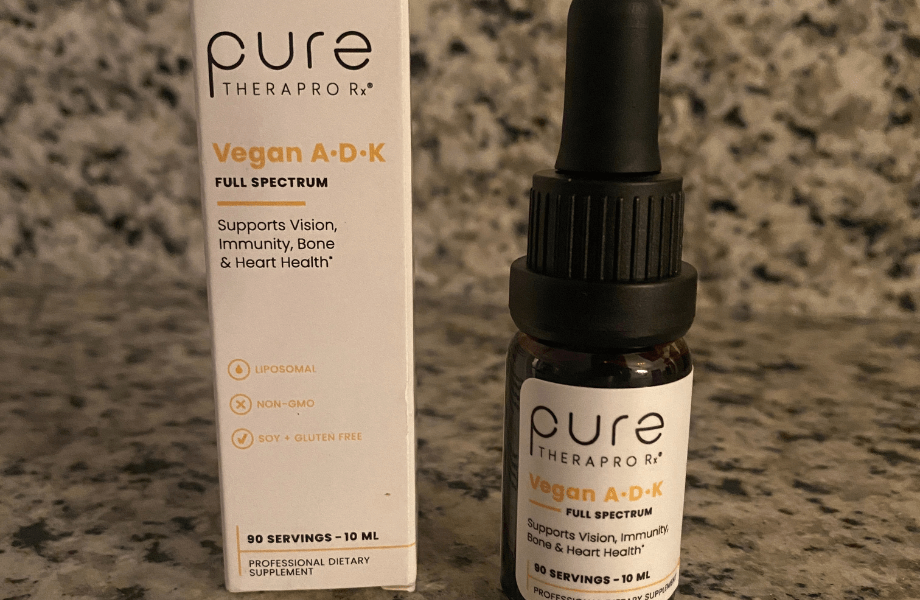 Pure TheraPro Rx Vegan A-D-K Drops, unboxed, sitting on our tester's countertop