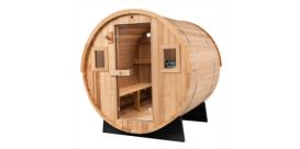 A photo of the Redwood Outdoors 6-person barrel sauna