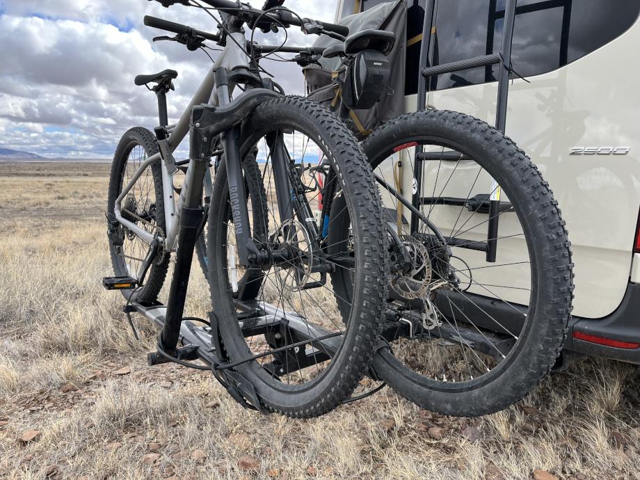 A Specialized Rockhopper and a Marin Bobcat Trail on the back of an RV.