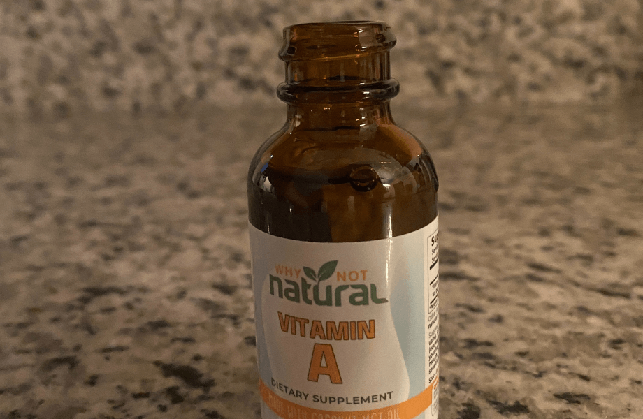 An open tincture of Why Not Natural 10,000 IU Vitamin A Drops