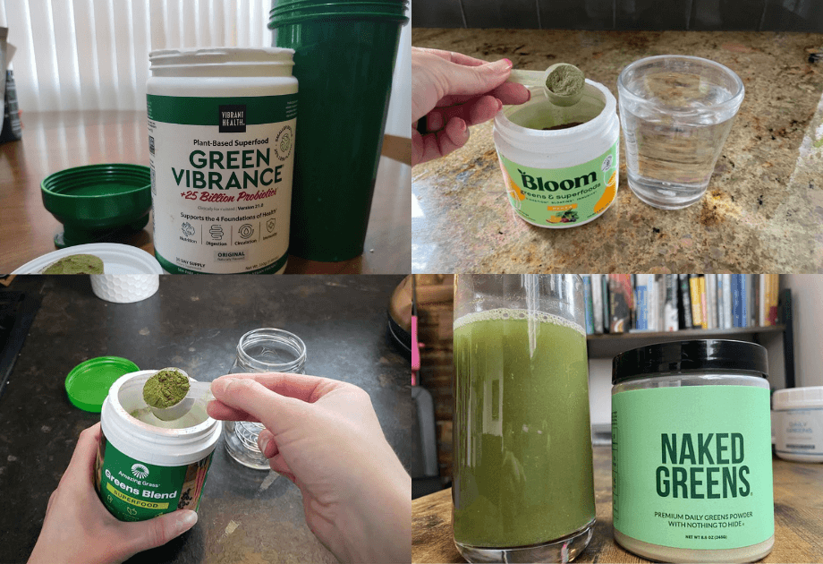 Photo collage of various greens supplements