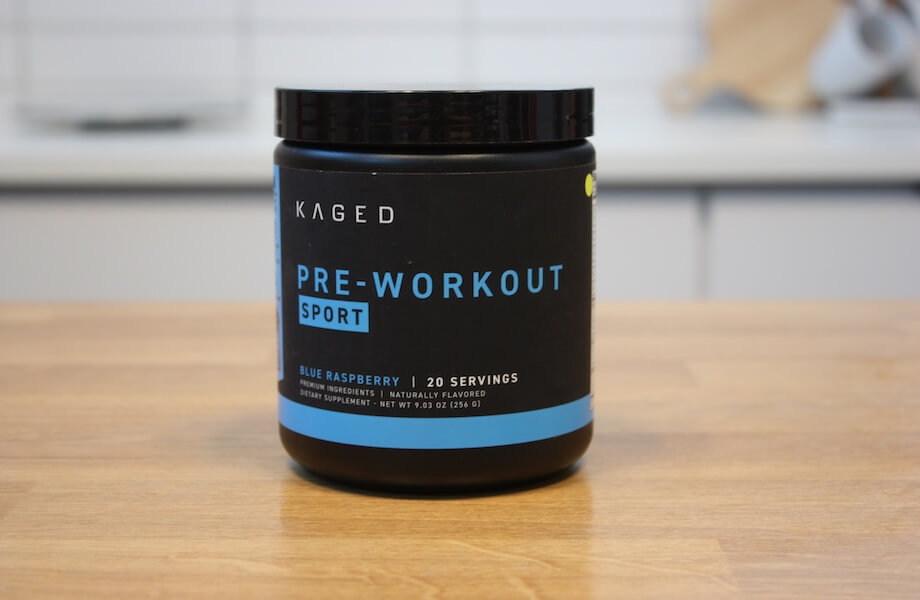 An unopened container of Kaged Pre-Workout Sport