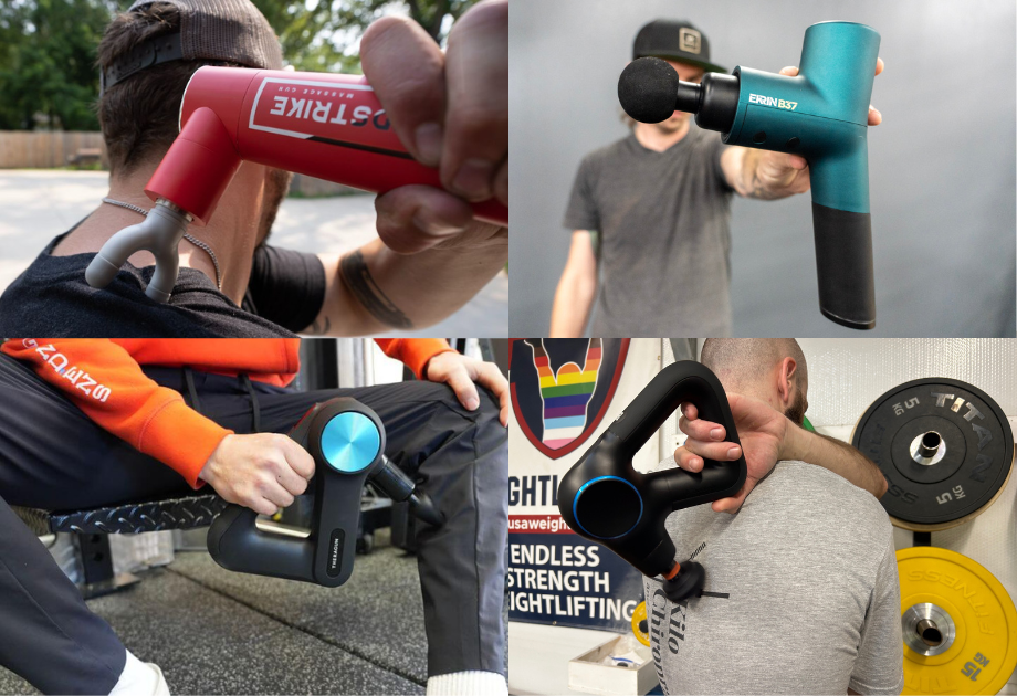Collage of images for the best massage guns, including models from Theragun, REP, and Ekrin Athletics