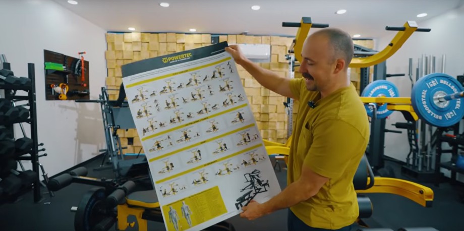 Coop holds up a chart of all the exercises on a Powertec Workbench Multistation