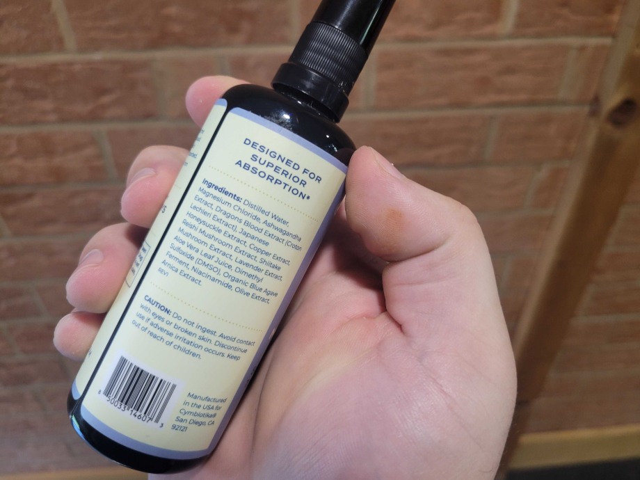 Ingredients label on a bottle of Cymbiotika Topical Magnesium Oil
