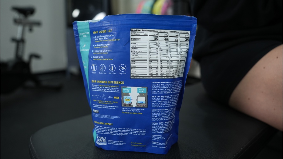 The back of a container of Liquid IV, displaying supplement facts and ingredients