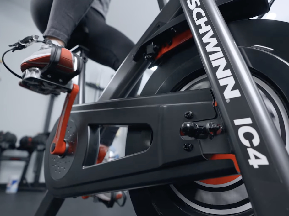 Close-up shot of Lindsay Scheele pedaling on the Schwinn IC4 Indoor Bike