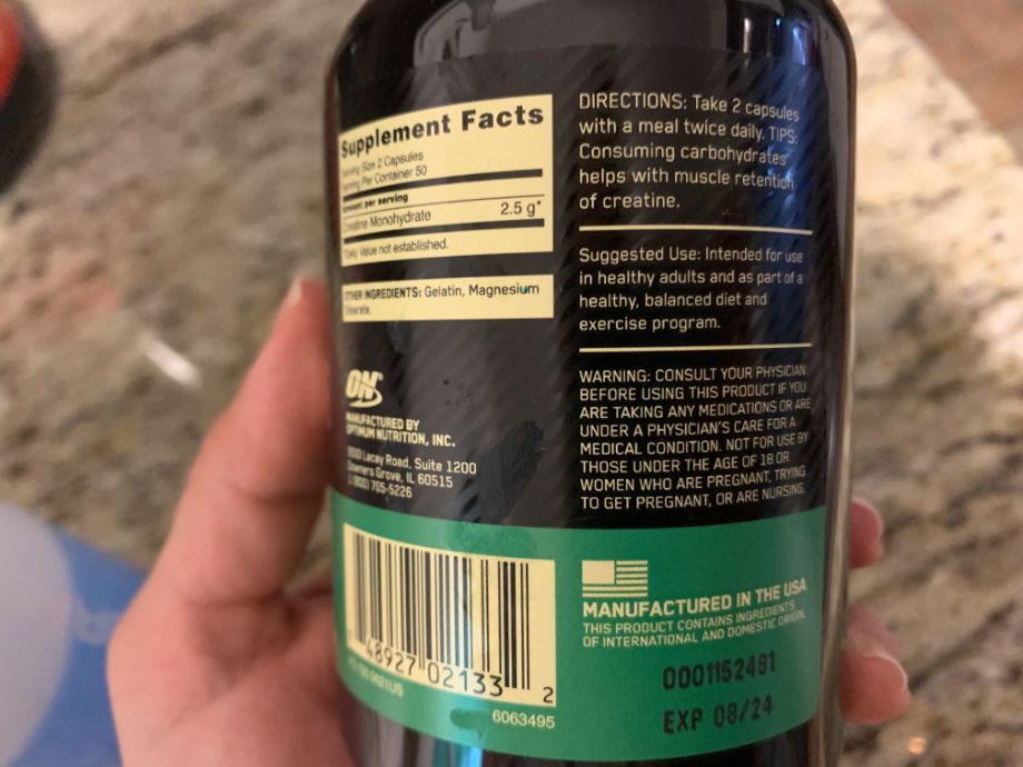Supplement facts on a bottle of Optimum Nutrition Creatine Pills