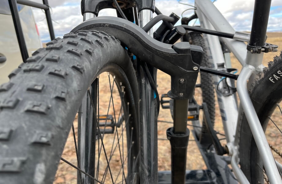 The tire arm clamp on one of our tester's bike racks—one of the primary security features available in the category