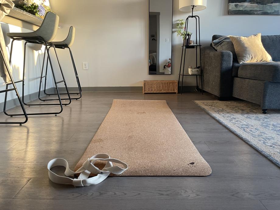 Front view of a 42 Birds Cork Lightweight Yoga Mat "The Robin"