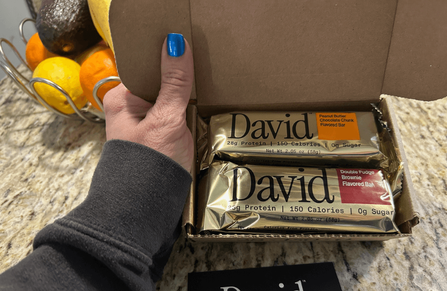 Our tester unboxing their order of David protein bars
