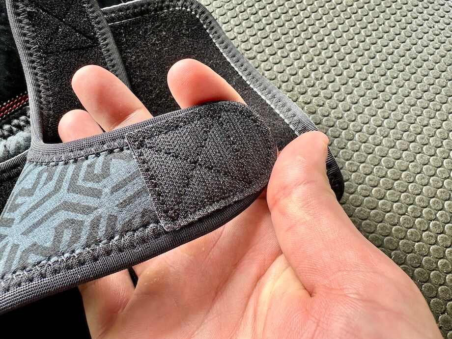 A close look at the Velcro patches on a McDavid Versatile Knee Wrap