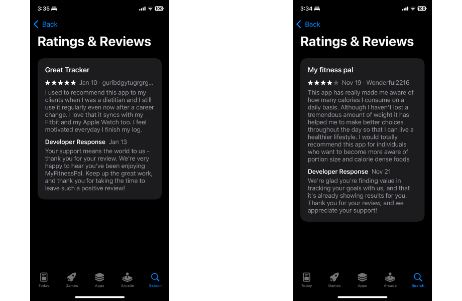 MyFitnessPal customer reviews from the Apple App Store