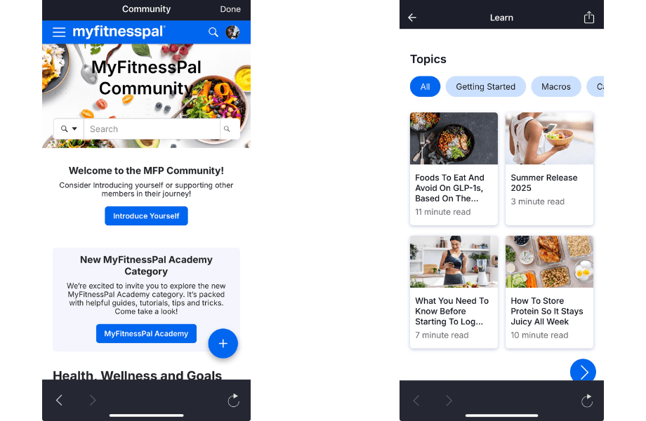 MyFitnessPal's Community tab and available blog entries