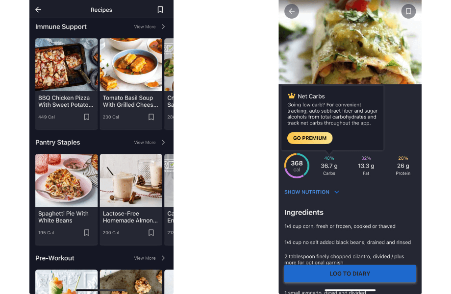 Some recipes and food options available through the MyFitnessPal app
