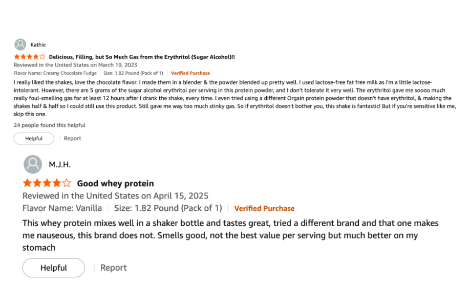 Amazon customer reviews for Orgain Grass-Fed Whey Protein