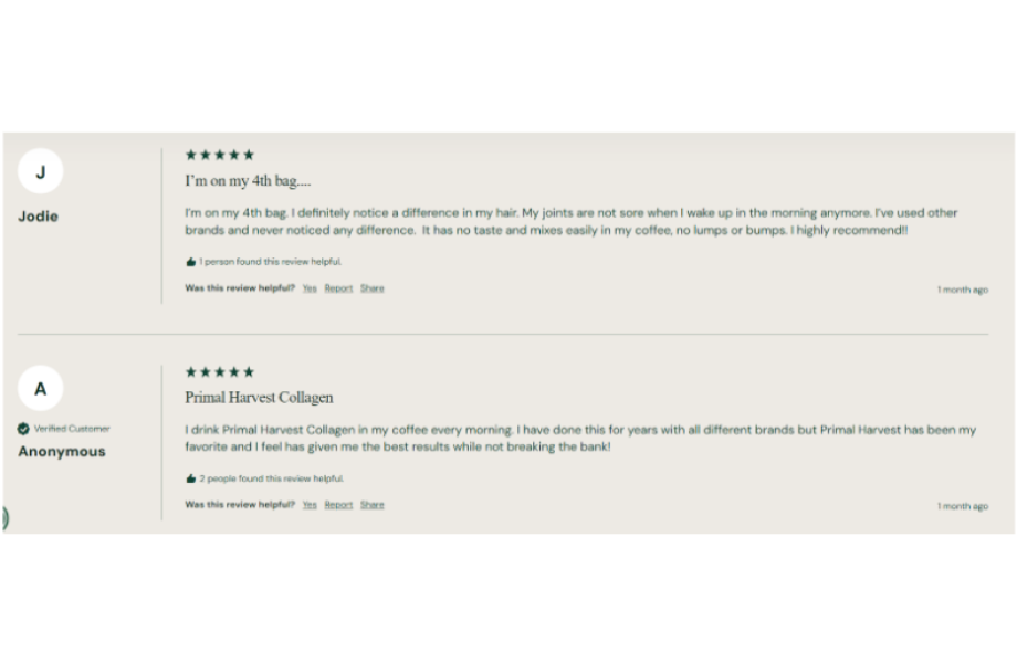 Primal Collagen customer reviews sourced from the Primal Harvest retail site