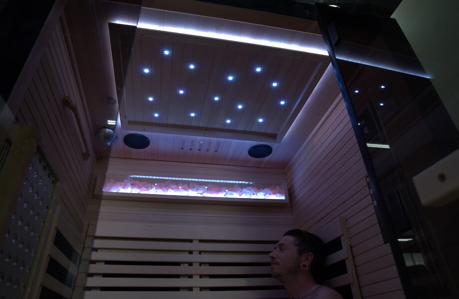 The speakers and overhead lighting featured in the Relaxe Caldera Infrared Sauna