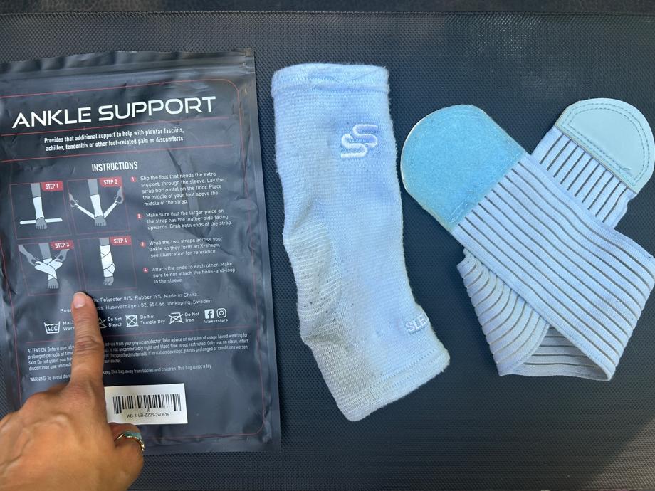 Our tester points to instructions for a Sleeve Stars Ankle Brace