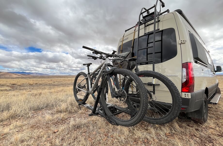 Our tester's Kuat Sherpa 2.0 bike rack mounted to their camping van