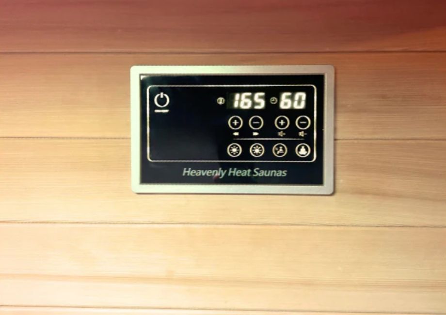 A close-up look at the control panel in the Heavenly Heat Red Light Therapy Infrared Sauna