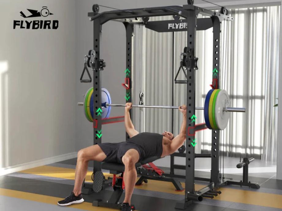 Bench press on the FLYBIRD All-In-One Power Rack with Pulley System