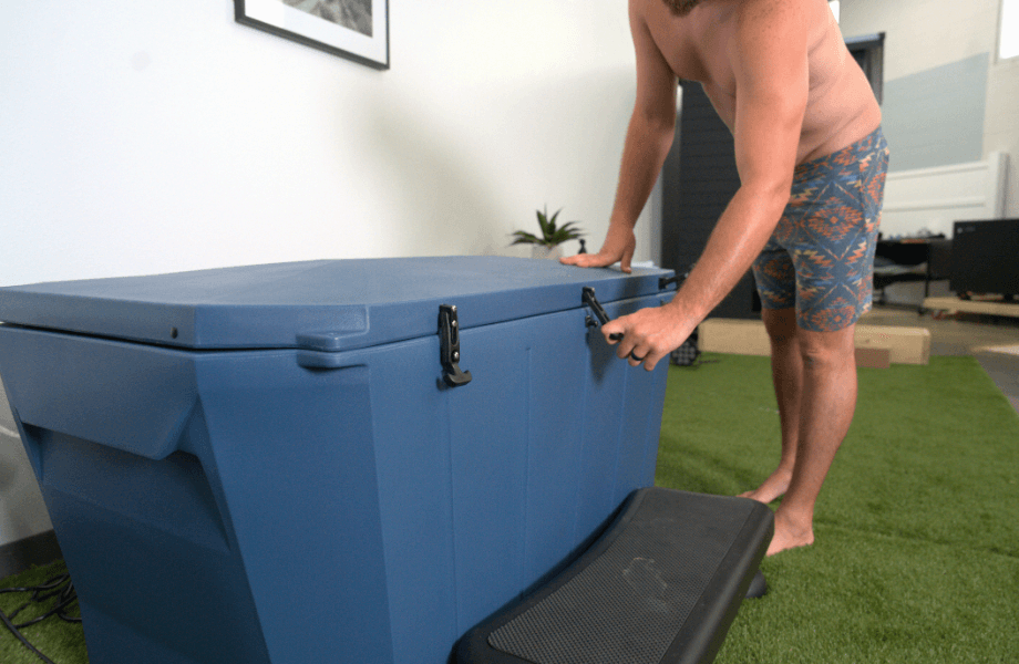 Our tester unlocking the lid of the Modtub 2.0 Cold Plunge